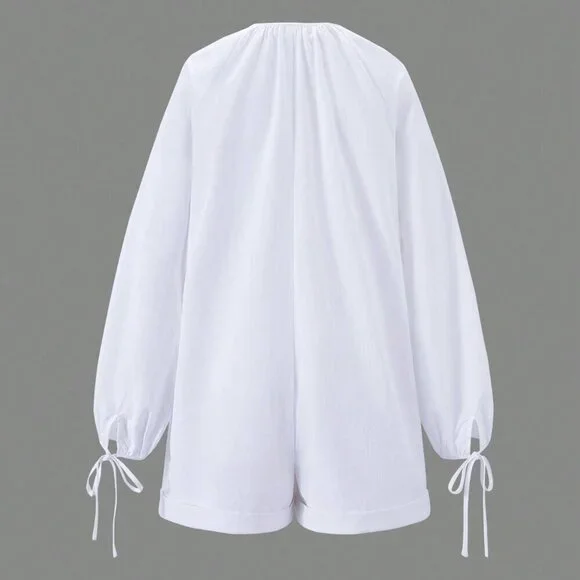 White Cute Women's Solid Color Daily Long Sleeve Romper - Picture 2 of 5